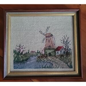 Vtg Wood Framed WINDMILL BY WATER Scene Cross Stitch Needlepoint Cottagecor 9×8